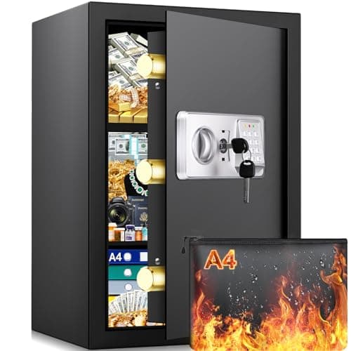 Image of Mejasg Large Fireproof Safe for Home with A4 Fireproof Bag and 2 Removable Shelves, 64L Anti-Theft Home Safe Box with Alarm and Silent Mode, Fire Safes Money Safes for Money Jewelry A4 Document