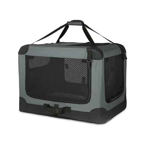 Image of Amazon Basics 4-Doors Portable Soft-Sided Folding Travel Crate Kennel for cat, dog, and other small animals, Grey, M 76 cm x 54 cm x 54 cm