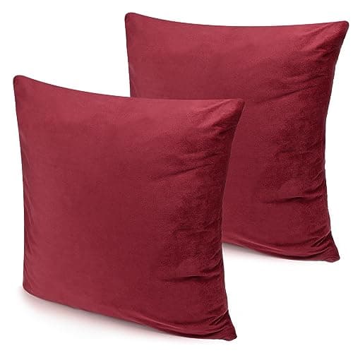 Image of HUSAIHU Set of 2 Wine Red Velvet Cushion Covers 45cm x 45cm, Square Throw Pillow 18 inch Soft Decorative Pillowcases for Home Sofa Bedroom Chair Garden Outdoor with Invisible Zipper