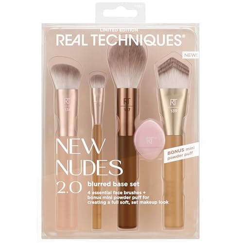 Image of Real Techniques New Nudes Blurred Base Kit, 5 Piece Face Makeup Brush Set with Powder Puff, for Foundation, Concealer, Blush, Contour & Powder Blending, Soft Bristles, Cruelty-Free