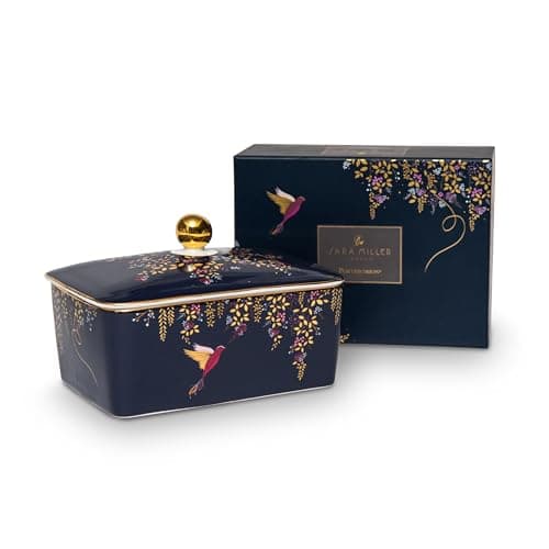 Image of Portmeirion x Sara Miller London Butter Dish - Navy Blue Ceramic Butter Dish with Lid, 22ct Gold Detailing, Suitable Gift for Farmhouse and Kitchen Lovers