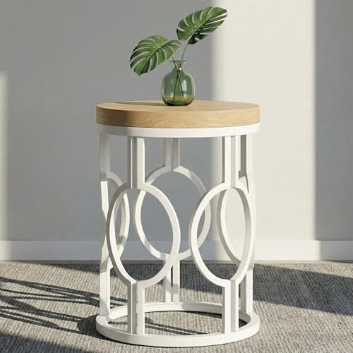 Image of Tribesigns Round End Table, Industrial Side Table with Metal Hollow Frame, Small Bedside Table Nightstand for Living Room, Bedroom, Easy Assembly, Light Brown and White