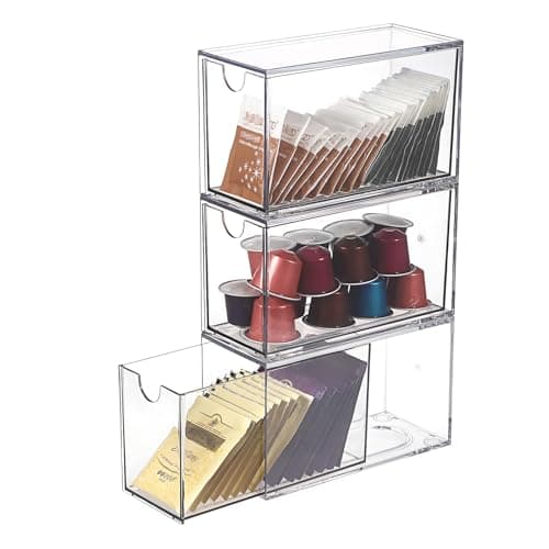 Image of SUMNACON 3 Pack Acrylic Tea Bag Drawer Organizer, Clear Stackable Coffee Capsules Container Countertop Drawer Design Tea Packet Storage Holder Kitchen Spice Packet Storage Organizer (No Tea Bag)