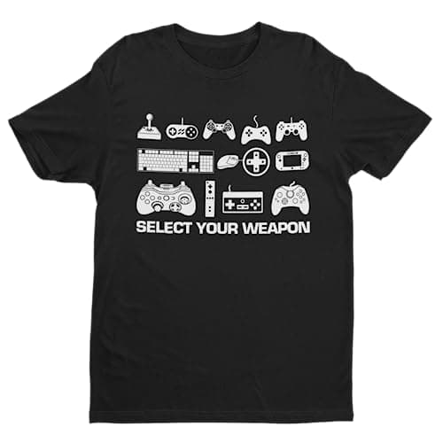 Image of Galaxy Tees Mens Select Your Weapon Retro Gaming Controllers T Shirt Gaming Classic Gift Idea Top Short Sleeved Black M