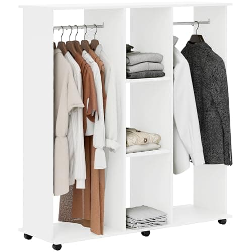 Image of HOMCOM Double Open Wardrobe on Wheels, Bedroom Wardrobe with Clothes Hanging Rails, 3 Storage Shelves, Mobile Garment Rack for Cloakroom, Hallway, White