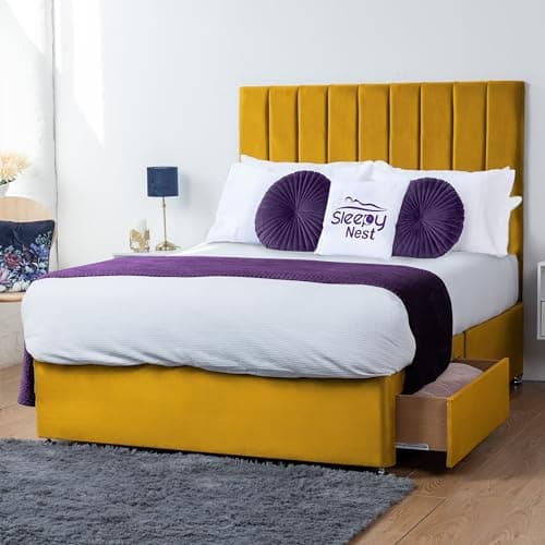 Image of Sleepy Nest Annan Plush Velvet Divan Bed with 26" Lined Headboard & Orthopedic Mattress | Multiple Colours & Storage Options(Mustard,4FT6 Double 2 Drawers Same Side)