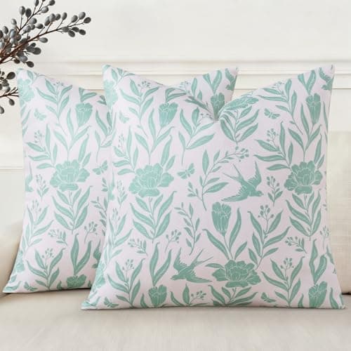 Image of decorUhome Floral Throw Pillow Covers 18x18 Inch Set of 2, Aqua Vintage Block Print Linen Fall Pillow Covers, Rustic Neutral Toile Farmhouse Decorative Square Pillowcases for Couch Sofa