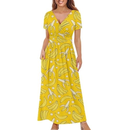 Image of Jekioweii Womens Dress Summer V Neck Casual Maxi Dresses Ruffle A-Line Pleated Short Sleeve Wrap Beach Dress with Pocket, Banana, S