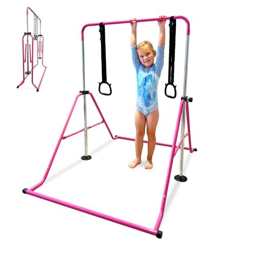 Image of Eliteway Kids Gymnastics Bar Set - Adjustable Height Folding Horizontal Bar with Gymnastic Rings for Boys Girls | Junior Gymnastics Equipment Monkey Bars for Home Gym Training Indoor Outdoor