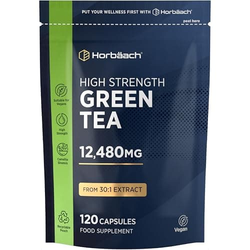 Image of Green Tea Capsules 12,480mg | High Strength Green Tea Extract | Contains Polyphenols | 120 Powder Capsules | Vegan | by Horbaach