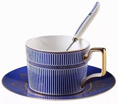 Image of Eplze® Elegant Bone China Cup and Saucer Set, 8oz Coffee Cup for Afternoon Tea- Stripe Pattern (Blue)