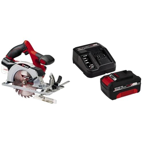 Image of Einhell Power X-Change Cordless Circular Saw With Battery And Charger, 18V Rotary Wood Saw, Tool-Free Adjustment, LED, Dust Extraction - TE-CS 18/150 Li Electric Saw plus 4 Ah Starter Kit, Red, 150 mm