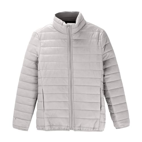 Image of Silver Women's Puffer Jackets Winter Warm Quilted Jackets Stand Collar Zip Up Short Coat Lightweight Padded Water-Resistant Soft Coats Solid Color Baggy Comfortable Hiking Thermal Outerwear