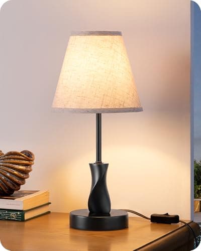 Image of EDISHINE Bedroom Table Lamp, Modern Bedside Lamp with Oatmeal Fabric Linen Shade, Solid Wood Base, Small Lamps for Living Room Office, E27 2700K Bulb Included