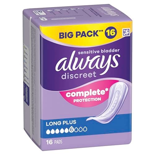 Image of Always Discreet Incontinence Pads, Long, Plus, 16 Towels, Bigger Pack, Odour Neutraliser, for Sensitive Bladder
