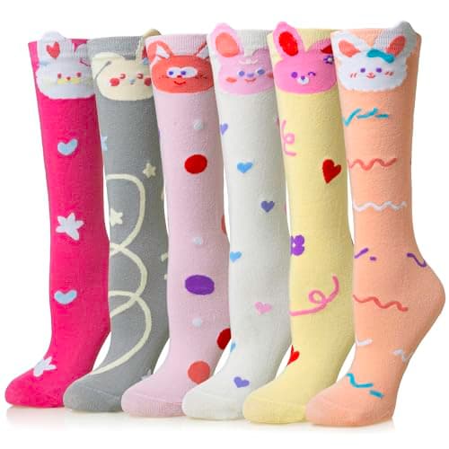 Image of SEEYAN Girls Knee High Socks Long Funny Boot Kids Crazy Animal Pattern Tall Cute Fun Child Socks For Girls Gifts 6 Pairs (Rabbit)