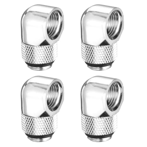 Image of sourcing map 4pcs 90 Degree Elbow Water Cooling Adapter G1/4" Thread Male to Female Compression Connector Fitting Copper Extender Fitting for Computer PC Water Cooling System, Silver