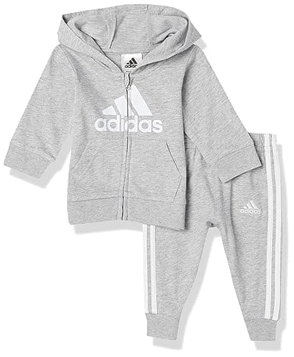 Image of adidas Boys Zip Front Hooded Jacket and Joggers Set French Terry Hooded Jacket and Jogging Pants with Front Zipper, Medium Heather Grey, 3 Months