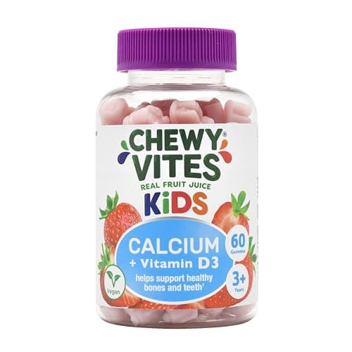 Image of Chewy Vites Kids Calcium and Vitamin D3, 60 Kids Calcium Gummies, Help Support Healthy Bones and Teeth, 2 Months Supply, Real Fruit Juice, Vegan, Age 3 +, Strawberry Flavour