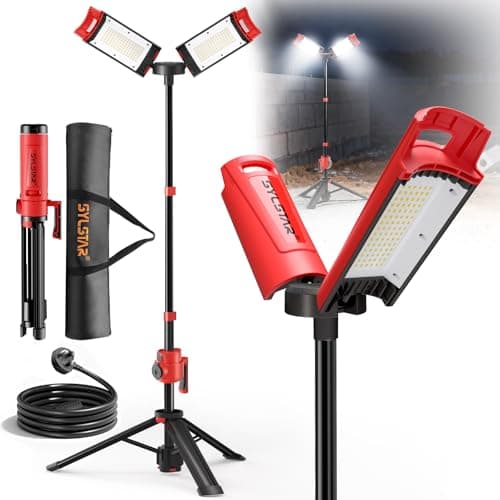 Image of SYLSTAR 12000LM Dual Power LED Work Light with Tripod, 16V 5200mAh Rechargeable & Mains Powered Site Light, 2.25M Aluminium Telescopic Tripod, IP65 Waterproof Portable Floodlight for Jobsite & DIY