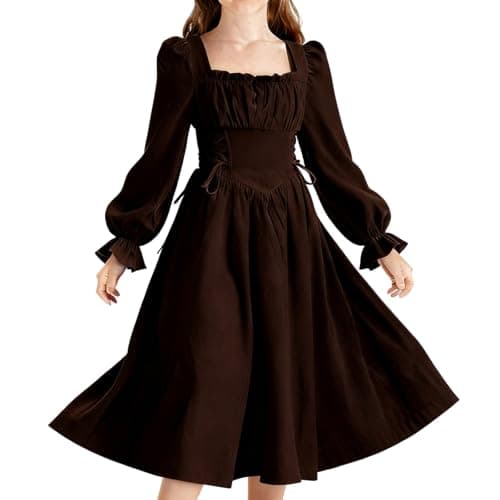 Image of Flodxo Girl Corset Dress Puff Long Sleeve Square Neck Midi Dress Casual Flowy Elastic Waist Back Smocked A-Line Dresses Elegant Dressy Solid Color Vintage Summer Dresses Brown 11-12Y