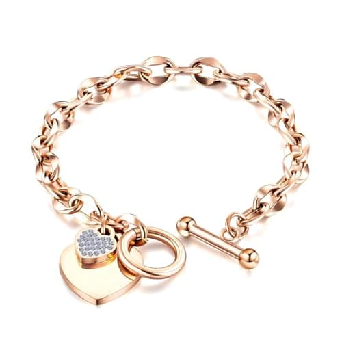 Image of MGJ™ Crystal Heart Charm Toggle Bracelet for Women - Hypoallergenic Silver/Rose Gold Jewellery Gift for Her (Rose Gold)