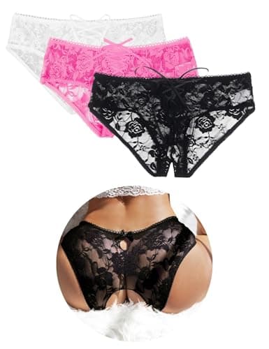 Image of ohyeahlady Thongs for Women Multipack Black White Pink Lace Underwear Soft Stretchy French Knickers Brazilian Sexy Panties Lace Up Underpants Tanga Briefs Pack of 3 Size 20 22