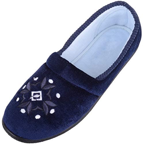 Image of ABSOLUTE FOOTWEAR Womens Slip On Velour Style Slippers with Embroidery Motif - Navy - UK 7 / EU 40