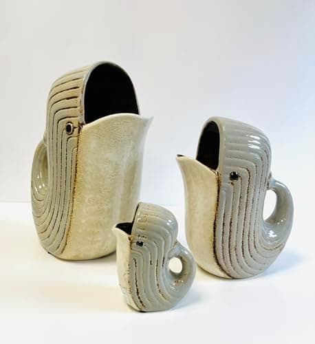 Image of Decorative Ceramic Whale Pitcher, Blue-Grey and White, Fish-Shaped Water Jug with Handle Decorative Pitchers, Glug Jug for Water, Milk, Juice (Small 200ml 12cm)