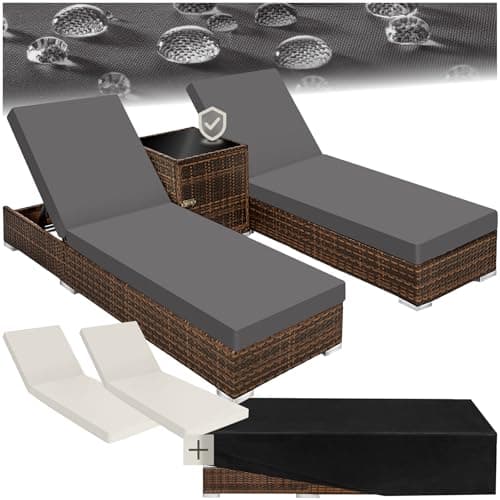 Image of tectake® 3PC Rattan Sun Lounger with Aluminium Frame, Garden Furniture Set with 2 Loungers, Including Side Table, Cushions and 2 Cover Sets, 5-level Reclining Garden Chair - brown