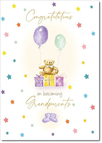 Image of On The Birth Of Your First Grandchild New Grandparents Congratulations Card Teddy and Presents Medium Size with Plain Envelope