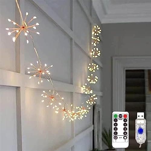 Image of KINGCOO Warm White Firework String Light USB Operated with Remote Control 8Mode Hanging Chain Fairy String Lights for Outdoor Indoor Home Christmas Wedding Party Decoration (5IN1 50LED)