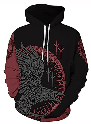 Image of JooMeryer Men's Viking Totem 3D Print Long Sleeve Hoodies Pullover Sweatshirt,Red Raven,XL
