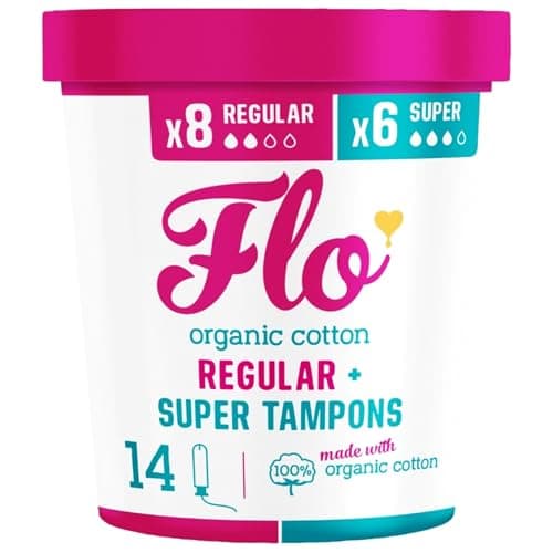 Image of FLO Applicator Tampons, Made from Organic Cotton, Biodegradable, Regular and Super Combo Pack, 14 Count