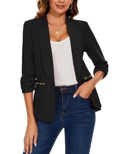 Image of MINTLIMIT Blazers for Women Casual Tailored Lapel Suit Open Front Ruched Sleeve Jacket (Black XL)