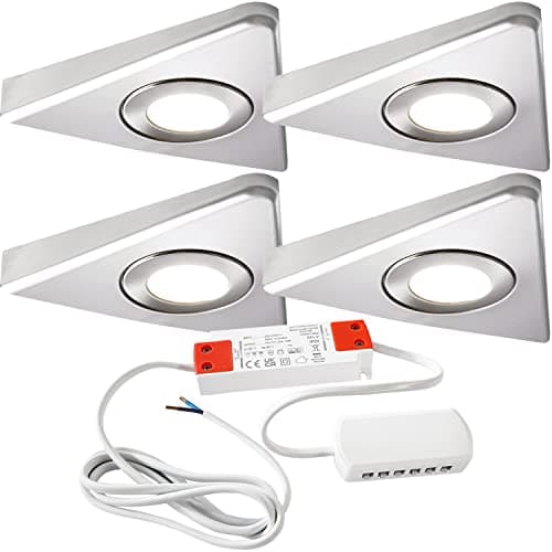 Image of Loops Modern Triangle Under Cabinet Kitchen Light & Driver Kit – Smooth Diffused LED – Slim Pyramid Worktop – Low Profile Surface Mounted (4X Lights & Driver, Warm White LED, Brushed Nickel Bezel)