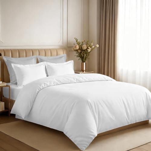 Image of Pizuna 100% Cotton King Size Duvet Cover Sets White, 400 Thread Count Long Staple Cotton King Duvet Cover 230x220cm, Sateen Weave Quilt Cover with Button Closure (Kingsize Duvet Cover Sets)