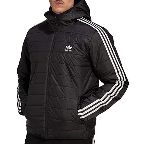 Image of adidas Originals Mens Jakcet Padded Trefoil 3 Stripe Hooded Coat Full Zip Black HL9211 New (UK, Alpha, S, Regular, Regular, Black)