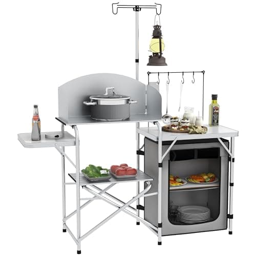 Image of Outsunny Camping Kitchen with Storage Cupboard, Folding Camping Table, Aluminium Portable Picnic Table with Windshield, Light Stand, Carrying Bag for BBQ, Silver