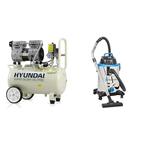 Image of Hyundai HY7524 24 Litre Air Compressor, 5.2cfm/100psi, Silenced & Vacmaster Power 30 PTO Wet & Dry Cleaner, with Power Take Off Socket, 30 Litre Capacity, 1500W Motor and 2 Year Guarantee