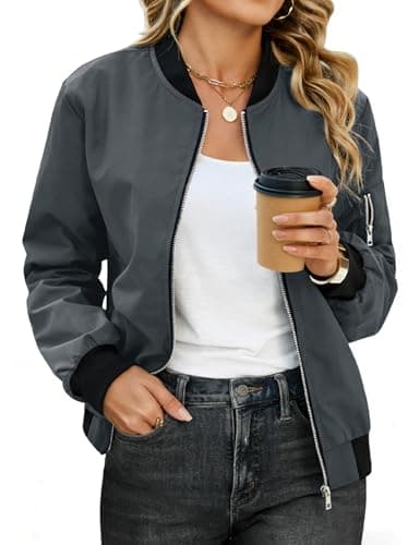 Image of CMTOP Womens Bomber Jacket Lightweight Zip Up Summer Jackets Casual Short Flight Jacket Windproof Transition Jackets with Pockets Solid Long Sleeve Spring Coat(Grey, XL)