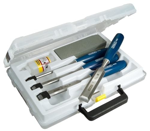 Image of STANLEY 4 Piece Chisel Set Includes 6 12 18 25 mm High Carbon Steel Blade Chisels with Sharpening Stone and Oil 0-16-130