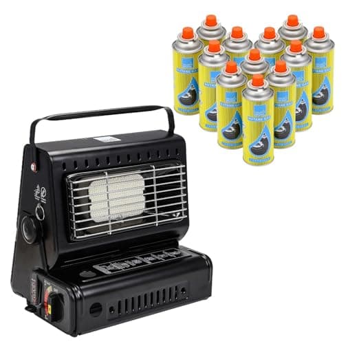 Image of LIVHOME 2-in-1 Portable Gas Heater & Stove 1.3kW with Auto Ignition, Safety Grill & Temperature Control, Butane/Propane Compatible Camping Heater Cooker for Camping (Camping Heater + 12 Canisters)