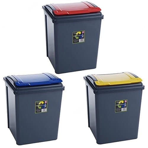 Image of Pack of 3 Recycling Bins 50L 50 Litre Plastic Recycle Dust Bin Kitchen Garden (Red/Yellow/Blue)