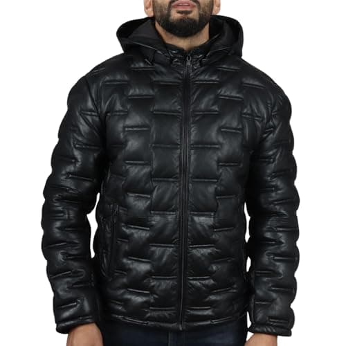 Image of TruClothing Men's Puffer Quilted Real Leather Jacket Hooded Casual - Black XXL
