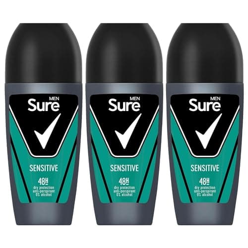 Image of Sure Antiperspirant Roll On Sensitive 48H Sweat and Odour Protection Roll On with Sandalwood, Patchouli and Vanilla Fragrance Deodorant for Men, 50ml Pack of 3