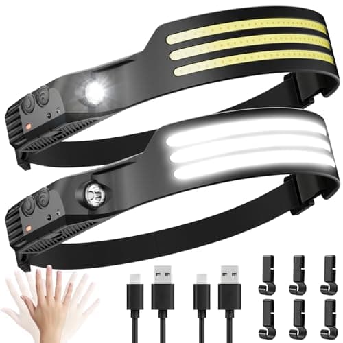 Image of Dopalloy Head Torch Rechargeable - 2 Pack Super Bright Tri LED Strip Headtorch, 230° Wide Beam Headlight with Motion Sensor, USB Battery Powered Headlamp for Running, Fishing, Camping Essentials