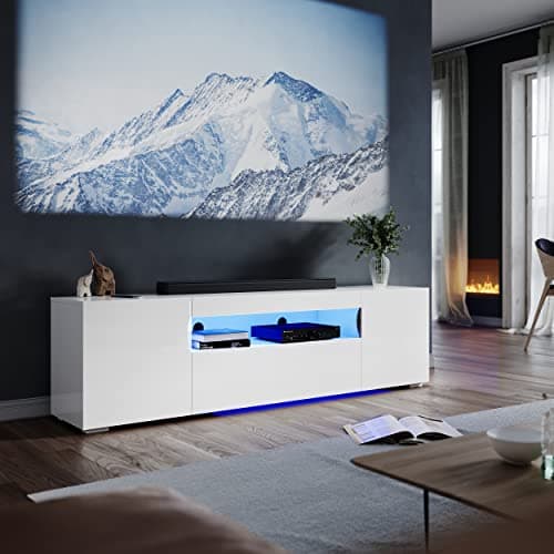 Image of ELEGANT LED TV Unit 180cm High Gloss Modern TV Stand Cabinet with Ambient Lights for 50 52 55 60 65 75 inch 4k TV Living Room and Bedroom Furniture with Storage, White