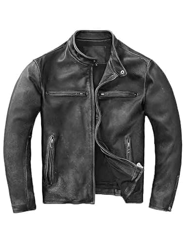 Image of SHOP OF JACKETS LIMITED Distressed Leather Motorcycle Jacket | Vintage Gray Black Real Leather Jacket Mens | Motorbike Clothing For Men | Size Large