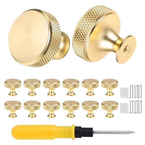 Image of VEGCOO 12 Pack Gold Drawer Knobs, Single Hole Gold Cabinet Knobs with Screws, Round Knurled Metal Wardrobe Knobs, Knobs for Drawers, Cupboard, Dresser